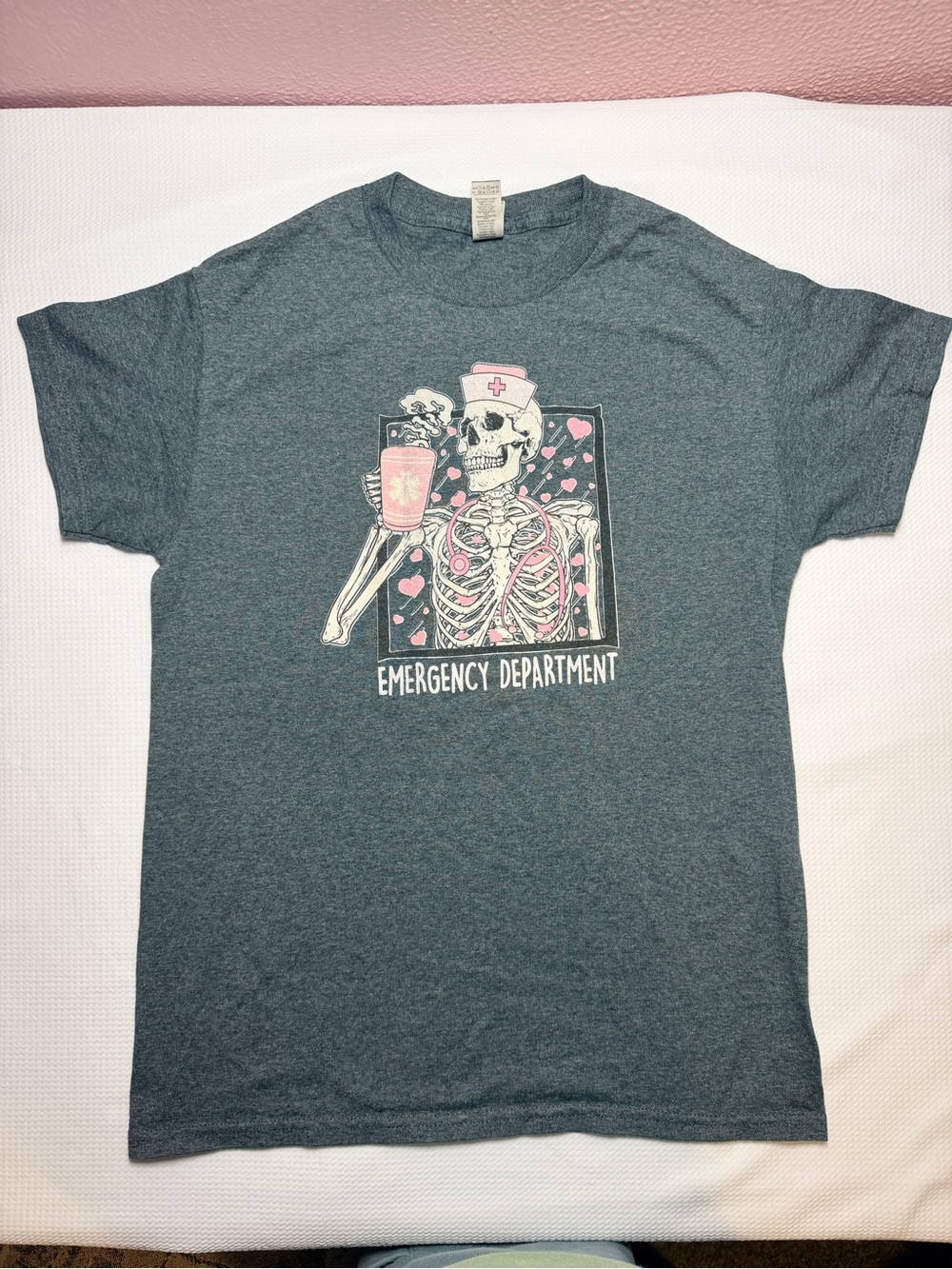 Spooky Cute ER Nurse Skeleton Graphic Tee -Gray Pink Small